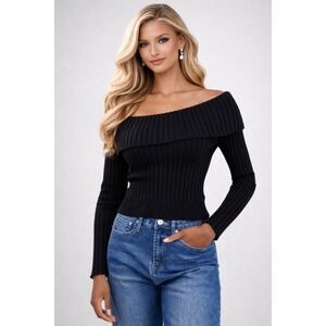 Madden Girl Off-Shoulder Ribbed Top - Glam Fitted Foldover Long Sleeve Sweater